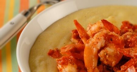 Shrimp and Tomatoes Over Soft Polenta | PBS Food