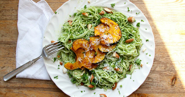 Parsley Almond Pesto Pasta with Roasted Squash Recipe |… | PBS Food
